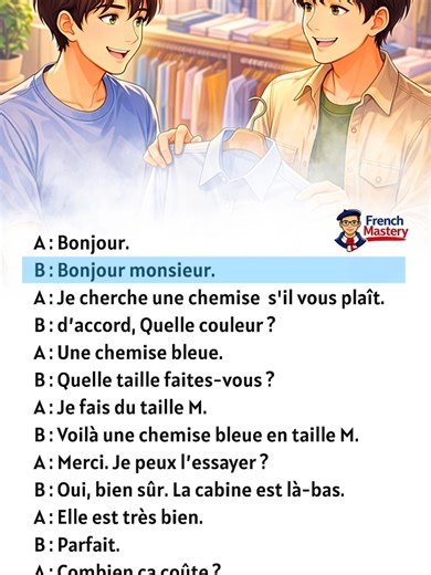 Phrases essentielles pour faire du shopping en France #learnfrench Learn French with a real-life shopping dialogue 🇫🇷 In this short video, a customer buys clothes in easy French (A1–A2 level). Perfect for beginners who want practical vocabulary. #LearnFrench #FrenchForBeginners #FrenchDialogue #EasyFrench #FrenchConversation #FrenchA1 #FrenchA2 #FrenchB1 #FrenchPractice #FrenchListening #FrenchSpeaking #FrenchVocabulary #FrenchShopping #BuyClothesInFrench #FrenchStore #ClothingStoreFrench #Fre