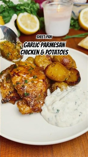 Sheet Pan Garlic Parmesan Chicken & Potatoes 🧄(Full recipe in description & comments)