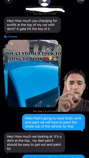 Pollo Bodyshop & detailing on Instagram: "POV CUSTOMER TOOK TO LONG TO BOOK NOW ITS A WHOLE DIFFERENCE ON PRICE Customer text us December 2nd 2025 of last year we quoted them $775 to fix and paint the roof of there vehicle last year Now it’s a whole different price this year it’s February 10th 2026 prices do change if you wait to long to book When we tell our customers to book asap that means book asap our spots leave very quickly due to us being busy We only go by appointments only so send us y