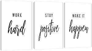3 Piece Inspirational Wall Art, White Motivational Mindset Picture, Quote "Work Stay Make It" Canvas Print for Office Decor, Triptych Entrepreneur Poster Framed Artwork for Gym Wall Decor (72"Wx36" H)