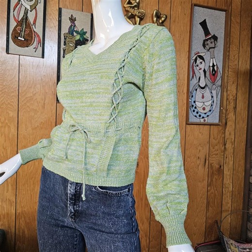 Vintage 60s Mod Hippie Boucle Knit Bishop Sleeve Poet Laced Sweater Blouse Top S/M - Etsy