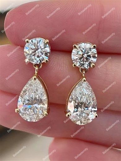 Dangle Drop Wedding Earrings, Teardrop Screw Back Earrings, 5 TCW Round & Pear Cut Moissanite Diamond Women's Earrings, Bride Earrings Gift - Etsy