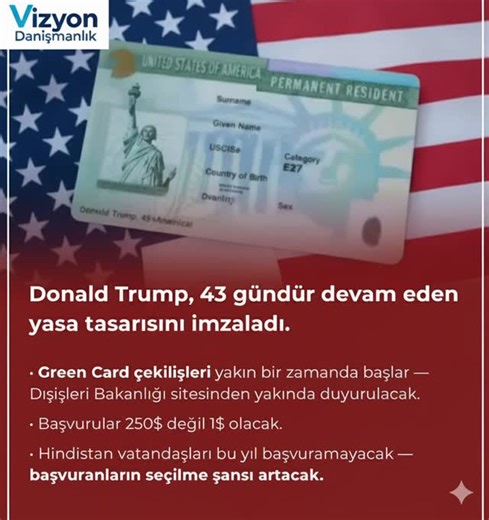 Vizyon Abd Danışmanlık on Instagram: "✅ Yeni Green Card (DV) Kuralları / Değişiklikler 1. Kayıt Ücreti – 1 Dolar • DV çekilişine başvuru yapmak için artık 1 USD kayıt ücreti alınacak. ￼ • Bu ücret, başvuru formunu resmi sistemden gönderirken elektronik olarak tahsil edilecek. ￼ • Ücret geri ödenmez, seçilmemeniz ya da çekilisten vazgeçmeniz durumunda bile. ￼ 2. Kayıt Süresi Değişikliği • DV-2027 için kayıt dönemi, alışılmış “Ekim başı” takviminden sapabilir. ABD Dışişleri Bakanlığı, DV-2027 kayı