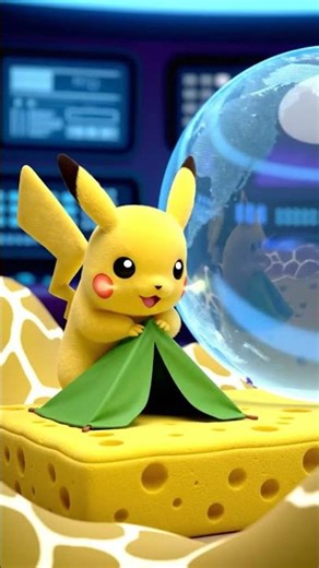 Pikachu's Little Pastel Trip in a futuristic control room