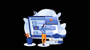 A digital learning environment with a woman interacting with a screen.