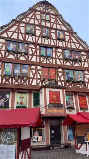 This is the very cool Disney advent calendar that’s in the very middle of this town. It is so cool. They count the days till Christmas just like every other advent calendar but each day has a different animated movie. They all say it’s Disney 100% but some of these movies are definitely not Disney. 🤣 I absolutely loved that they had live action Alice in Wonderland. Located in Bernkastel Viking River Cruise! We went on the Christmas Rhine & Moselle pre and post cruise extension. Christmas market