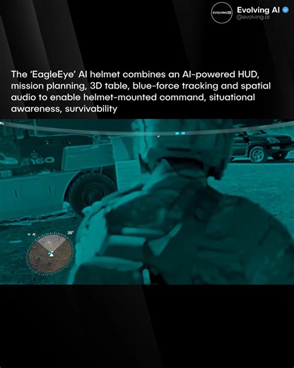 Evolving AI on Instagram: "🚨 Defense startup Anduril has unveiled EagleEye, a new AI-powered helmet system built for the U.S. Army. It can tag human targets in real time, display live battlefield data, and give soldiers full control over drones and other equipment using voice and visual input. The goal is to give soldiers faster awareness of their surroundings, reduce mental load, and help them react quicker in combat situations. EagleEye blends augmented reality, 360-degree sensors, and