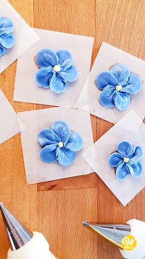 Wilton Cake Decorating on Instagram: "With tinted royal icing, use a small petal tip like tip 101 to pipe a total of five petals and tip 1 for the center dot to make forget-me-not flowers. Once the flowers have dried completely you peel away from the parchment square! Use a little buttercream to add them to your baked treats and you have an impressive and beginner friendly dessert! Find the written instructions on wilton.com✨ #wiltoncakes #wiltontips #tips #pipingtips #royalicing #icing #royalic