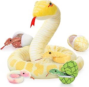 MorisMos Giant Snake Stuffed Animal Mommy with Babies, Realistic Stuffed Snakes Plush Toy, Long Boa Constrictor for Kids, Girls, Boys, Halloween, Yellow, 120in