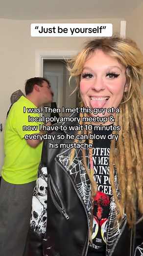 861K views · 994 reactions | Just be yourself they said it’ll be fun they said. Well now I’m going to my friends metamours Friendsgiving with a guy who blowdrys his mustache #openlovecleveland#polyamory #nonmonogamy #mustache | Kiley Ann | Facebook