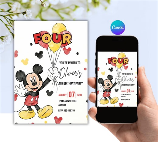 Editable Mickey Mouse 4th Birthday Party Invitation for Boys | Digital Printable Canva Template - Etsy Australia