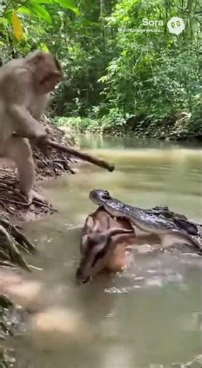 😱Brave Monkey Saves Goat from Alligator Attack 🐒🐐 #shorts