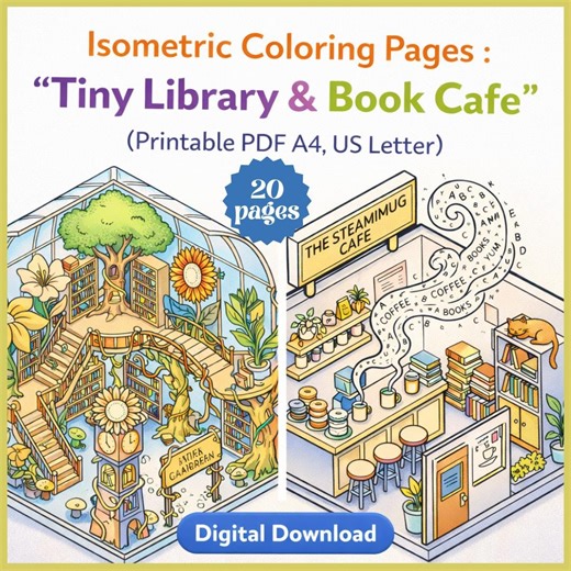 Isometric Tiny Library Coloring Pages, Cozy Book Cafe Sheets (PDF Download) - Etsy