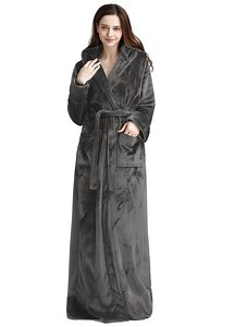 Women's Long Hooded Robes Luxurious Plush Fleece Bathrobe with Belt & Pocket Full Length Ladies Robes Winter Warm Housecoat Nightgown - L & Navy Blue