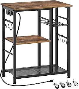 Movable Bakers Rack, Microwave Stand with Charging Station, Kitchen Storage Rack with Hooks and Basket, Casters and Adjustable Feet, for Small Space, Kitchen, Dining Room, Rustic Brown HB04UBR
