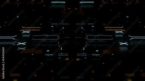 Colorful 3d render abstract complex technology background with a lot of graphic elements. Rich details with depth of field and glow effects. Loop animation.