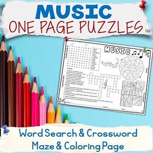 Music PLACEMAT Activities Puzzles Word Search Crossword Maze Worksheet