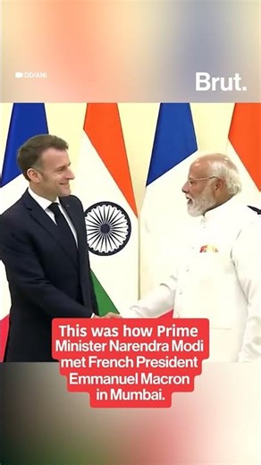 Prime Minister Narendra Modi met French President Emmanuel Macron in Mumbai. 🎥: DD/ANI