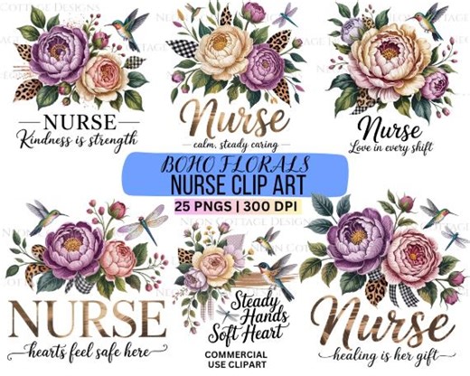 Nurse Clipart Digital Download Bundle Commercial Use Floral Design Botanical Elements Medical Illustration Nursing Graphics Hummingbird - Etsy