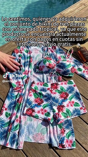 Conjunto de bikini con estampado tropical de tres piezas sujetador de empuje y bottom de bikini tipo hipster y kimono para mujer estilo vacaciones de verano en la playa