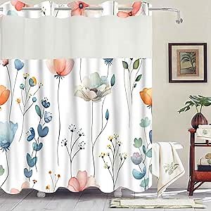 No Hook Shower Curtain 71 x 74 Inch, Watercolor Floral Water-Proof Fabric Inner Liner, Plants Blue Orange Flowers White Cloth Shower Curtains & Mesh Top for Home & Hotel Bath, Washable