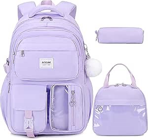 Backpack for Girls - Girls Backpack with Lunch Bag & Pencil Pouch for Teen Kids Laptop Backpack for Women, Elementary Middle High School Bookbag Travel Daypack (Purple)