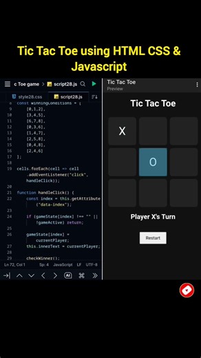 Tic Tac Toe using HTML CSS & Javascript..#css #coding #programming #javascript #html #webdevelopment