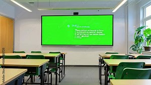 Empty Classroom with Green Screen & Desks: Ideal for Education Videos, Presentations, and Mockups Stock Video