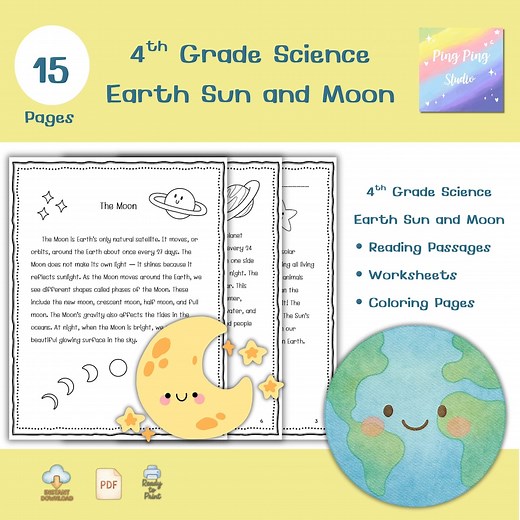 Earth, Sun, and Moon Science Worksheets | 4th Grade (printable PDF) - Etsy