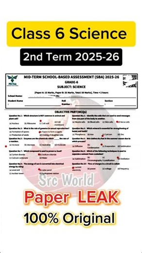 6th Class science paper 2nd term 2025 sba class 6 science paper mid term 2025
