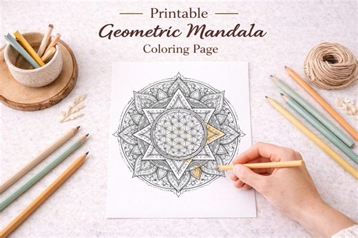 Geometric Mandala Coloring Page for Adults | Sacred Geometry Mandala Printable | Meditation Coloring Page | Stress Relief Coloring - Etsy