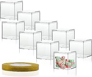 20 Pcs Clear Plastic Square Cube, 2.16x2.16x2.16 Small Plastic Storage Box with Lid Transparent Clear Square Containers Display Boxes Gift Box with Glitter Ribbon for Candy Pill Jewelry Christmas