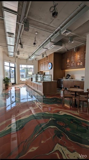 It starts as raw concrete and dust. It gets messy as real construction takes over. It finishes with a bold epoxy floor that sets the tone for the entire shop. This modern ice cream shop renovation shows a full timelapse from early construction to a finished space anchored by a poured metallic epoxy floor. The terracotta, forest green, cream, and charcoal pigments flow like liquid art, creating depth, reflection, and a premium feel designed to stand up to daily foot traffic. No tiles. No shortcut