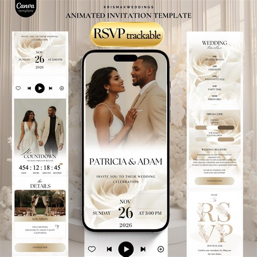 Animated Wedding Invitation, White Rose Digital Wedding Video With Trackable RSVP, Canva Template for Elegant Neutral Einvite - Etsy