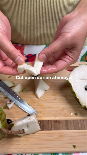 Cut open durian atemoya. Meat is super white . Taste is mild in term of sweetness, chewiness and tartness. Similar to geffner but I like geffner taste better | The Garden of Investing
