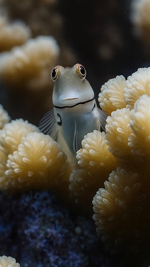 @earthspctr on Instagram: "The Yaeyama blenny is a small but striking intertidal fish found along rocky shorelines and coral reefs in parts of Japan, Taiwan, and the Western Pacific. Recognized for its bold behavior and vivid markings, this blenny thrives in shallow zones where waves crash directly onto rocks—habitats most fish avoid. Its slender, flexible body allows it to slip into cracks, crevices, and tidal pools, where it feeds on algae, tiny crustaceans, and organic debris. Despite its siz