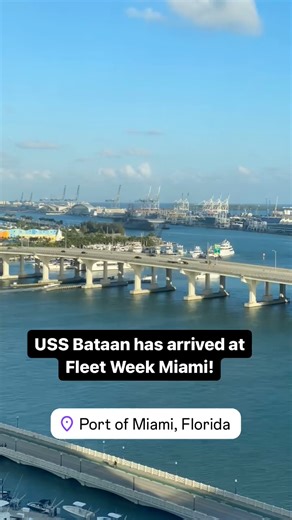 Seas the Week in Miami 🌊🚢 👋😎🏖️☀️🏝️ The amphibious assault ship USS Bataan (LHD 5) arrives in the Port of Miami, Florida during Fleet Week Miami. Fleet Weeks are a tradition of the U.S. Navy, Marine Corps, and Coast Guard, where major U.S. cities host Marines, Sailors, and Coast Guardsmen for one week of community-wide events. Fleet Week Miami, in its first year, is an opportunity for residents and visitors to meet with service members, foster community relationships, and view the latest ca