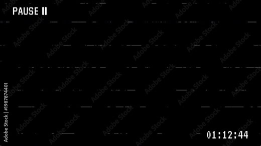 vhs tape with pause text, vintage animation motion black background . Old VHS pause and timecode