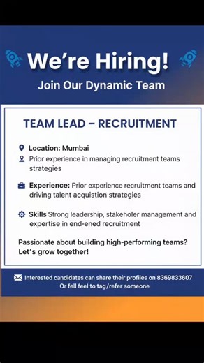Jobs in Hyderabad | Daily openings & Tips on Instagram: "🚀 We're looking for a Team Lead – Recruitment to drive our talent strategy in Mumbai! If you have the vision to manage high-performing teams, expertise in end-to-end recruitment, and strong stakeholder management skills, we want to connect with you. Let’s build the future of talent together! 🔹 Role: Team Lead – Recruitment 📍 Location: Mumbai ➡️ Share your profile on 8369833607 or tag someone who's ready for this leadership role! #LetsGr