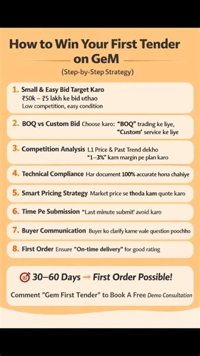 PrimeBid Solutions on Instagram: "How to Win Your First Tender on GeM (Step-by-Step Strategy) Platform: Government e Marketplace 🎯 Step 1: Small & Easy Bid Target Karo (Smart Entry Strategy) ❌ ₹50 lakh ka bid mat uthao start me ✅ ₹50k – ₹5 lakh ka bid target karo Filter: Location nearby Low competition (5–15 sellers) No heavy past experience condition 👉 First win = credibility + confidence 🔎 Step 2: Bid Type Samjho (BOQ vs Custom Bid) Mostly two types of GeM: BOQ Bid – Rate quoting game (pric