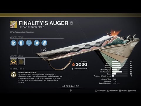 Destiny 2: Sundered Doctrine - FINALITY'S AUGER Dungeon Exotic Linear Fusion Rifle (PvE Showcase)