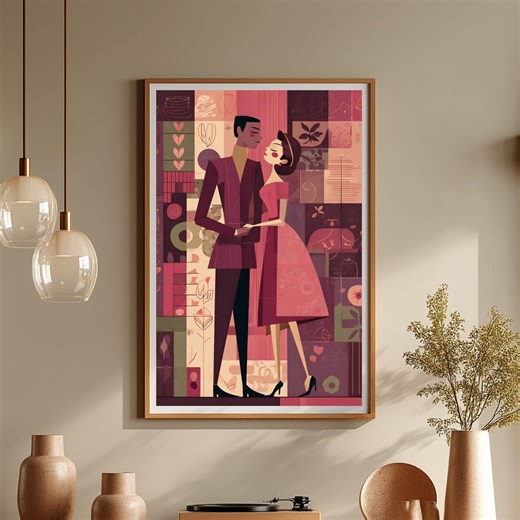 Mid Century Couple Poster – Retro Love Wall Art – Vintage Valentine Decor – Romantic Illustration Print – Digital Download - Etsy