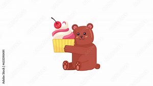 Sweet tooth bear loves dessert 2D character animation. Funny little bear embracing cupcake flat cartoon 4K video, transparent alpha channel. Anime kawaii grizzly animated animal on white background