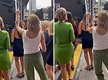 Allison Langdon dances wildly while holding her crutches and a glass of wine