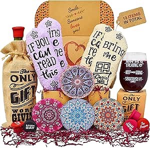Wine Gift Basket - This Wine Gift Box Contains 13 Wine Gifts For Women - A Wine Basket with Funny Socks, Wine Stoppers, Wine Tote, Coasters and a Funny Wine Glass.