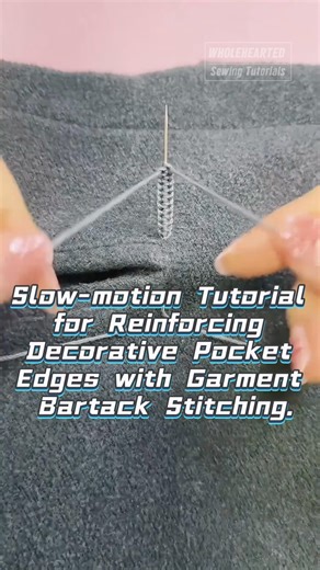 Slow-motion Tutorial for Reinforcing Decorative Pocket Edges with Garment Bartack Stitching.