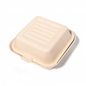 [Hot Item] Compostable Bagasse Hinged Container Hamburger Clamshell Take out Box