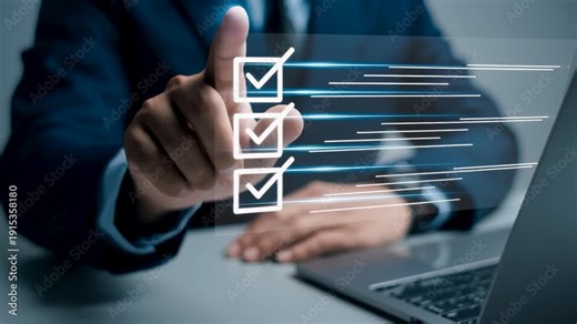 Digital checklist interface task planning process workflow strategy goal and data efficiency element as a hand selects a virtual check mark on a laptop, representing organized project management