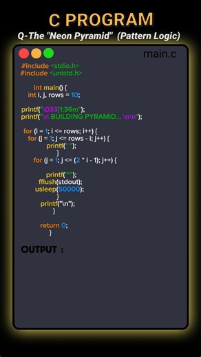 Simple C Project: Pyramid Pattern Printing with Animation.#coding #pyramidpattern #shorts#shortvideo