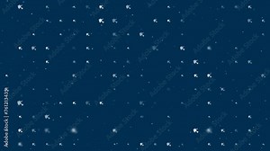 Template animation of evenly spaced virus bounces off the shield symbols of different sizes and opacity. Animation of transparency and size. Seamless looped 4k animation on dark blue background